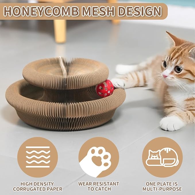 Foldable Accordion Cat Scratcher Toy with Bell Ball, Recyclable Corrugated Cardboard Interactive Scratching Pad for Indoor Cats & Kittens, 1 Pack(White)