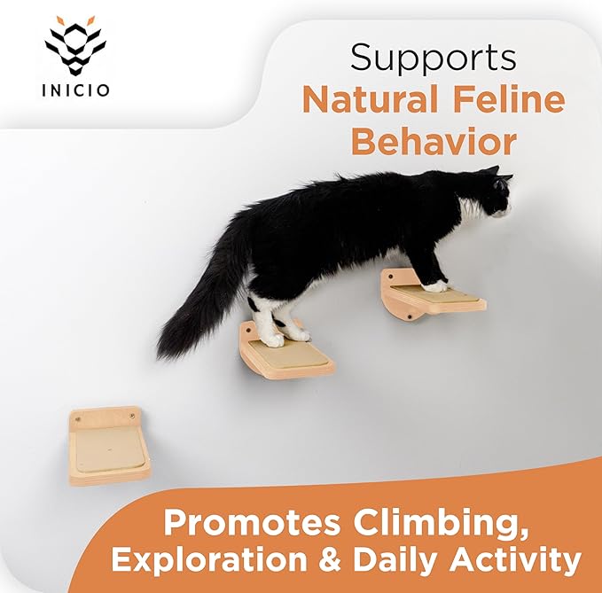 INICIO Cat Wall Stairs, Natural Wood - Set of 3 Wall Steps for Cats to Climb with Fixtures, 8.7"x4.7" - Floating Steps for Climbing or Playing - for Kittens and Adult Cats
