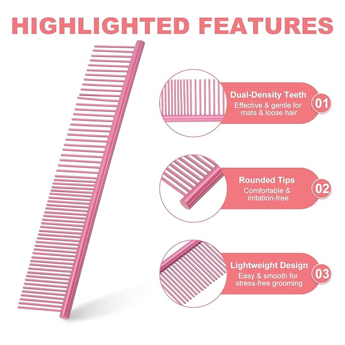 Dog Cat Comb, Pet Combs Stainless Steel Teeth with Rounded Ends for Knots Mats Loose Hair Removal, 7.5IN (Pink Coated, 3 Pack), Grooming Tool Intended for Long Curly Hair Pet