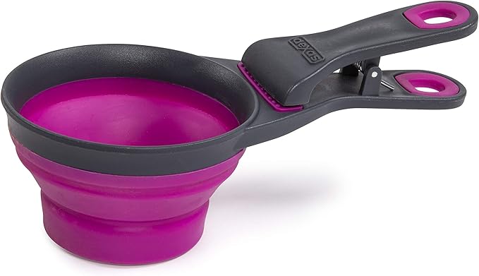 Dexas Pets Collapsible KlipScoop Collapsible Dry Dog Food Scoop and Dog Food Bag Clip, 1 Cup Capacity, Fuchsia