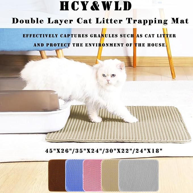 HCY&WLD Cat Litter Mat, Honeycomb Double Layer Cat Litter Trapping Mat, Waterproof Urine Proof Non-Slip, Scatter Control, Less Waste, Easier to Clean (Beige, 45" X 26")