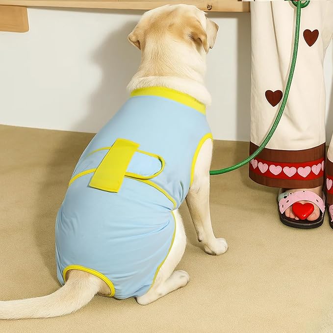 Recovery Suit for Dogs Cats After Surgery, E-Collar & Cone Alternative Surgical Suit, Prevent Licking Dog Onesies Pet Surgery Recovery Suit Soft Dog Bodysuit, Blue Yellow, XS