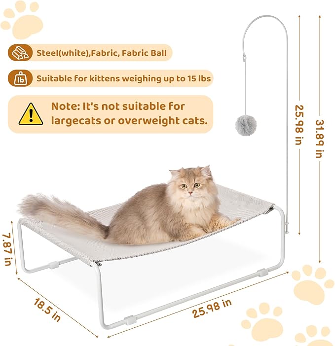 Elevated Cat Hammock Bed,Large Breathable Cat Beds for Outdoor and Indoor,Water Repellent Fabric,with Hanging Ball Toy,Removable Cover,Portable Pet Bed Raised Cuddler for Sleeping Kittens, Small Dog