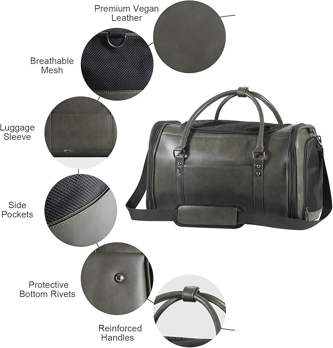 Stylish Leather Pet Carrier for Small Dogs and Cats Up to 15 lbs, Airline Approved Lightweight Travel Tote with Breathable Mesh and Shoulder Strap Green