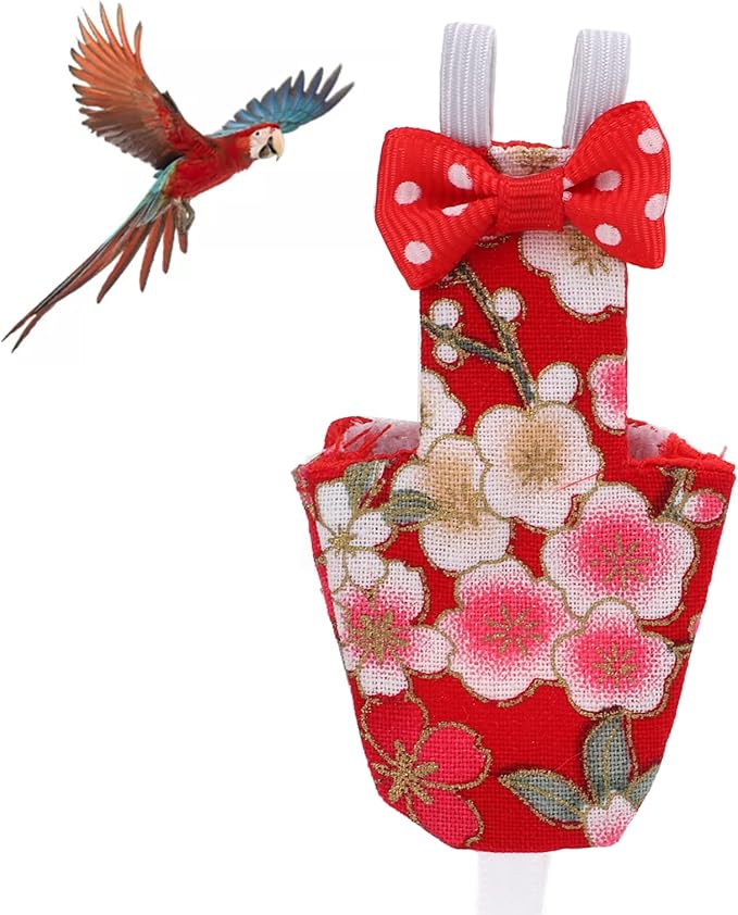 Bird Diaper Parrot Flight Suit Washable Reusable Cotton Cloth with Liner Adjustable Strap for Pet Birds Macaw Cockatiel Conure Lovebird Parakeet (S red Cherry Blossoms)