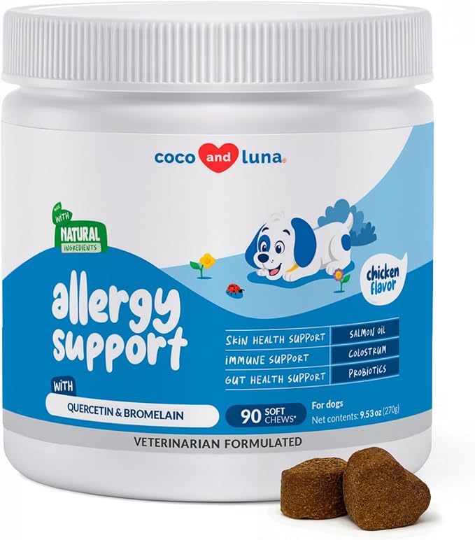 Dog Allergy Relief Chews – Itchy Skin & Ear Itching Support for Dogs – Quercetin, Colostrum, Omega 3 & Probiotics – Seasonal Allergy & Immune Support – 90 Soft Chews