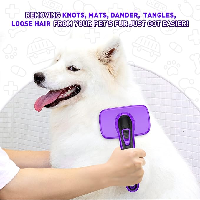 Self Cleaning Slicker Brush for Dog, Cat, Skin Friendly Shedding & Grooming Tool for Long and Short Haired Pets, Easy Clean Retractable Bristles, Purple