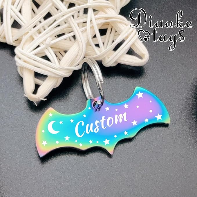 Stainless Steel Cat ID Tag Personalized Pet Tags with up to 4 Lines of Custom Text, Small Pet Mini Dog Cat Tag Lightweight, Engraved on Both Sides, Multiple Patterns Colors Size Options (Bat Shaped)