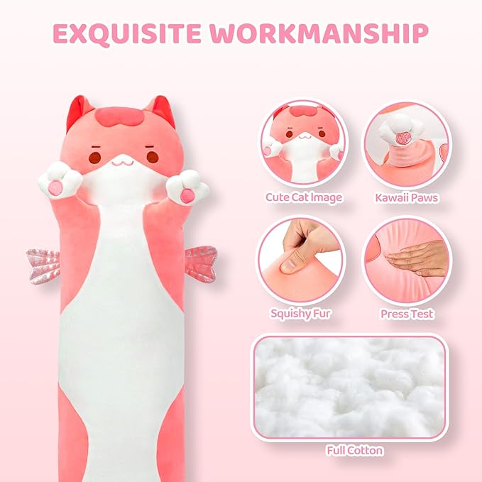 Mewaii Long Cat Plush 5 Sizes, 120% Extra Filling Giant Plushness Kids Body Pillow, Kawaii Cute Pink Cat Stuffed Animals Plushies, Big Long Body Pillow Cat Plush Gift for Girls 36”