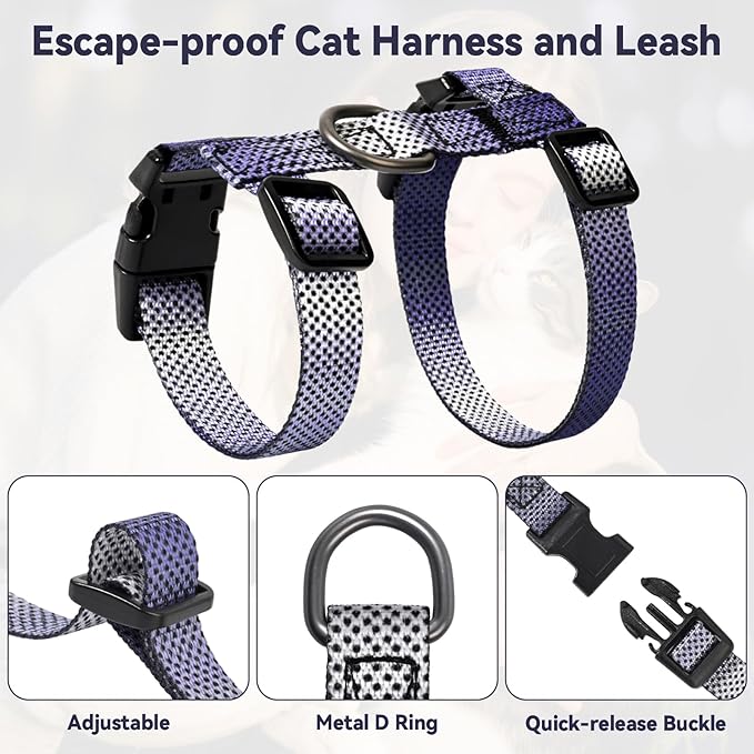 Cat Harness and Leash Set, 3-in-1 Escape Proof Adjustable, Comfortable Soft Lightweight, Safe, Easy to Wear, Walking Travel Kitten Harness for Small Medium LCats (Purple)