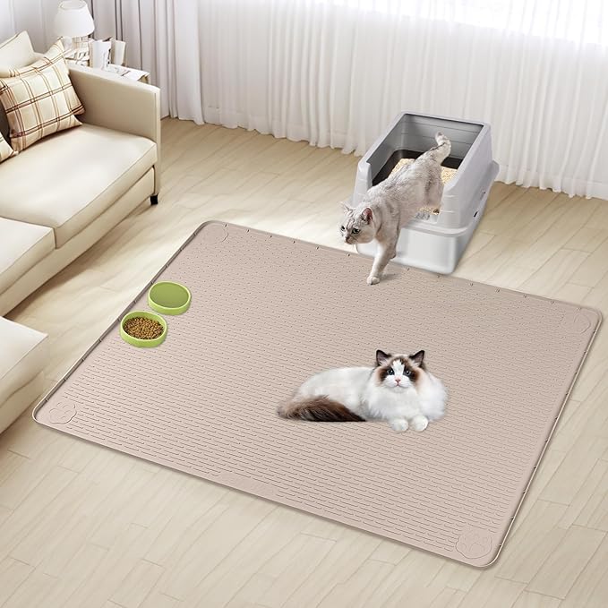 Cat Litter Mat, XXL Extra Large 70" x 45" Silicone Mat Litter Trapping Mat for Scatter Control, Soft on Kitty Paws, Easy to Clean (Khaki)