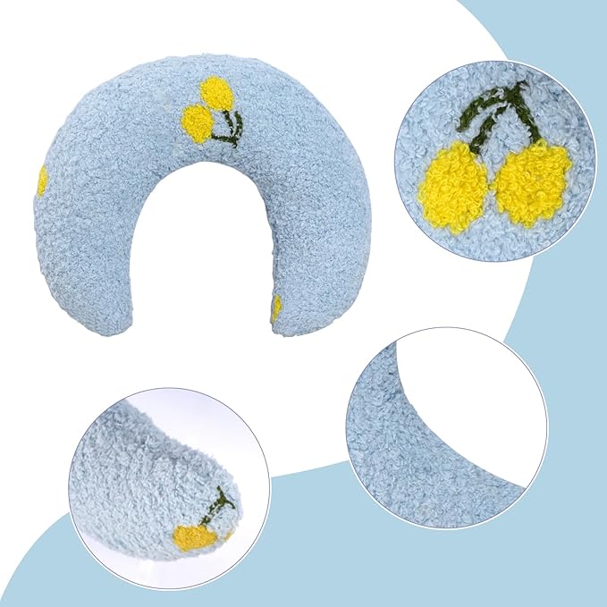 Lystaii Cat Calming Pillow for Indoor Pet Small Dog Calming Pillow Soft Fluffy Cat Bed Dog Neck Toy Half Donut Anxiety Relief Toy with Cute Embroidery Pattern (Light Blue, Cherry)