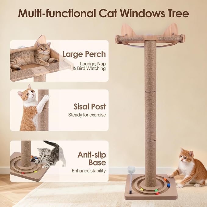 Cat Window Perch with Tall Sisal Scratching Posts, 45" Adjustable Cat Tree Hammock with 3 Strong Suction Cups, Cat Window Bed for Inside Sleeping, Playing and Birds Watching (Drilling-Free)