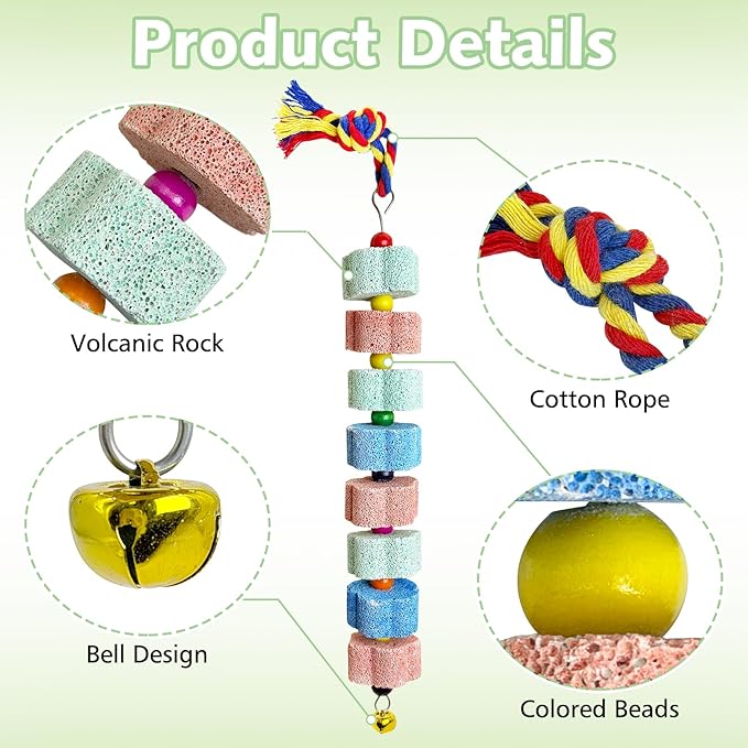3 Pack Bird Chewing Toy,Lava Calcium Bird Beak Grinding Stone with Bell Hanging Parakeet Cage Accessories for Parrot Budgies Hamster Chinchilla Rabbit African Grey
