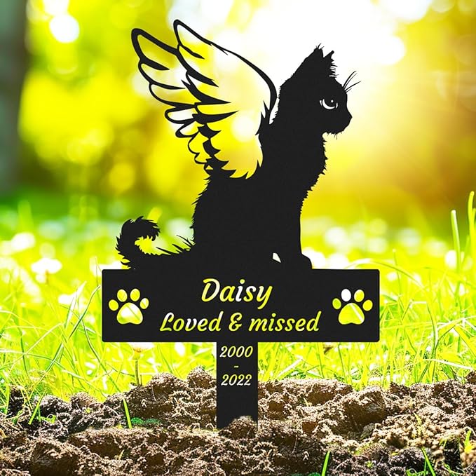 Custom Cat Memorial Stake Grave Marker, Personalized Metal Cat Memorial Grave Marker with Wings, Pet Cat Remembrance Stake Customized Cat Memorial Plaque with Paws Cat Loss Sympathy Sign