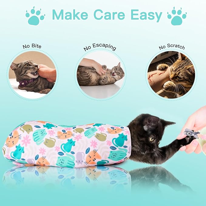 27.6" Cat Grooming Wrap, Cat Wrap for Cutting Nails, Self-Adherent Fabric Wrap for Cats, Cat Burrito Wrap Anti-Scratch, Anti-Escape, Multifunctional Swaddle Wrap Pet Tool (Green Kitten, X Large)