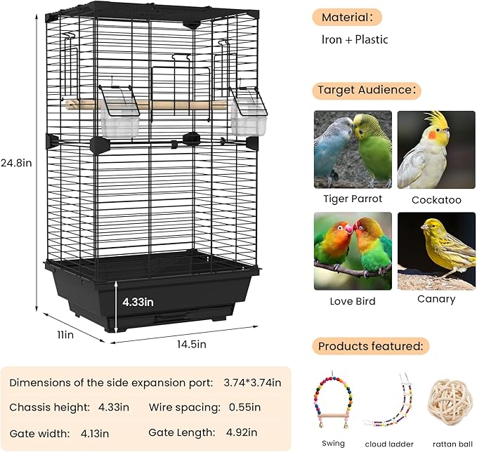 24.8 Inch Bird Cage,Parakeet Cage with Ladder,Swing,Perch,2 Feeders,Small to Medium Birds Cage for Cockatiels, Lovebirds,Parrot (Black)