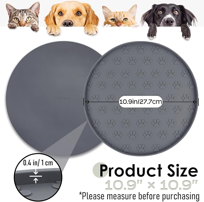 Pet Feeding Mats for Food and Water, Waterproof Anti-Slip Placemats for Dog Cat Bowl, 2 Pack Silicone Pet Food Mat, Dishwasher Safe 10.9 × 10.9 (2 Black, Small Paws)