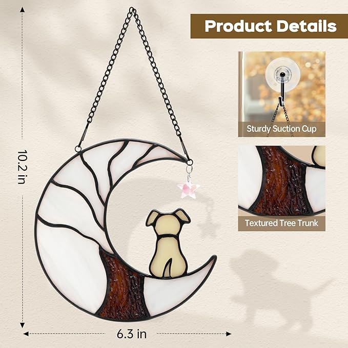 Dog Memorial Suncatcher, Handmade Stained Glass Window Haninging Suncatcher, Pet Memorial Gift for Cat Loss, Sympathy Valentine's Day Gift with Moon & Tree of Life for Pet Lovers