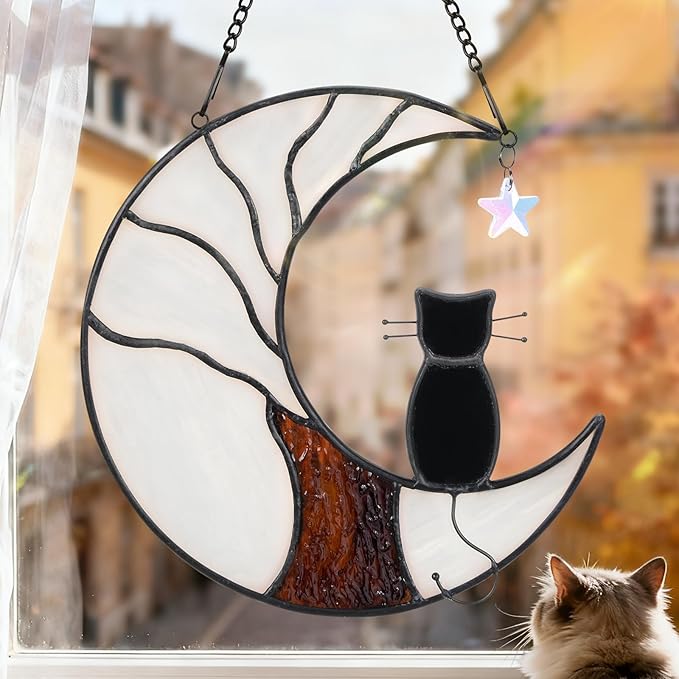 Cat Memorial Suncatcher, Handmade Stained Glass Window Haninging Suncatcher, Pet Memorial Gift for Cat Loss, Sympathy Gift with Moon & Tree of Life for Pet Lovers