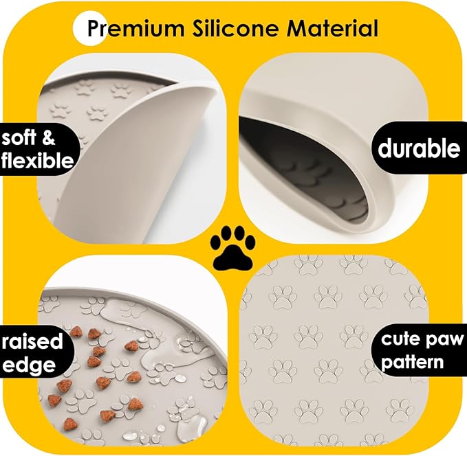 Pet Feeding Mats for Food and Water, Waterproof Anti-Slip Placemats for Dog Cat Bowl, 1 Pack Silicone Pet Food Mat, Dishwasher Safe 10.9 × 10.9 (1 Beige, Small Paws)
