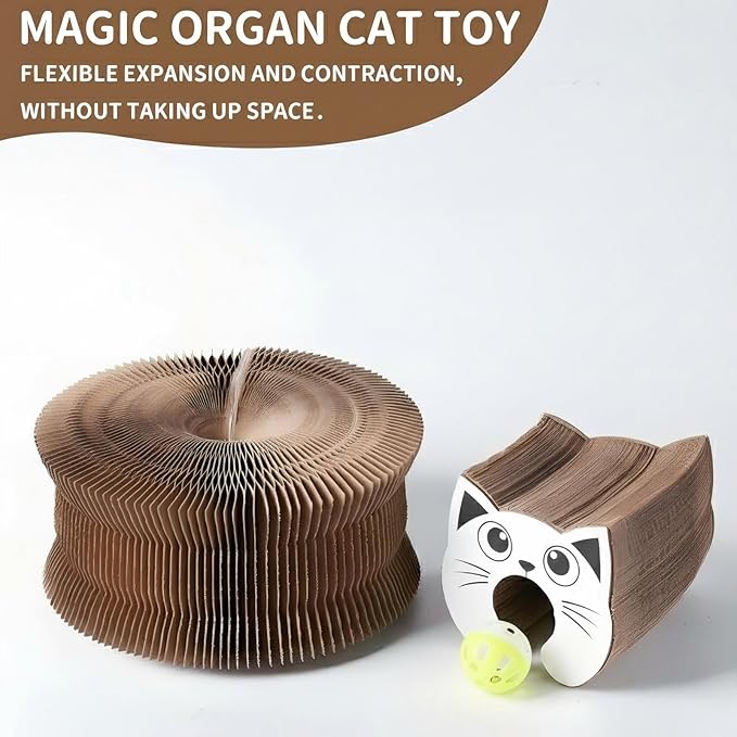 Foldable Accordion Cat Scratcher Toy with Bell Ball, Recyclable Corrugated Cardboard Interactive Scratching Pad for Indoor Cats & Kittens, 1 Pack(White)