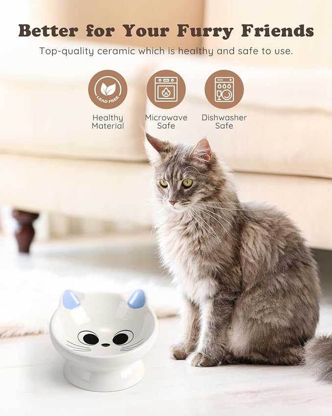 Raised Cat Food Bowl Ceramic 15° Tilted Cat Food Bowls Protect Cat's Spine Anti Vomiting Backflow Prevention Bowls for Adult Cats, Kitten, and Small Dogs, Blue
