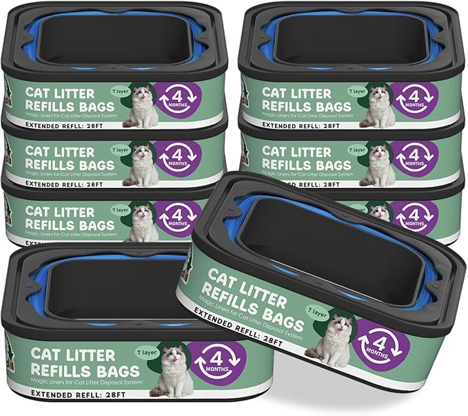 Cat Litter Refill Bags Cartridge 28FT, Compatible with Litter Cat Genie Standard, Plus, XL, XL+ Pail Refills, 7-Layer Odor Control Pet Waste Bags 8 Pack