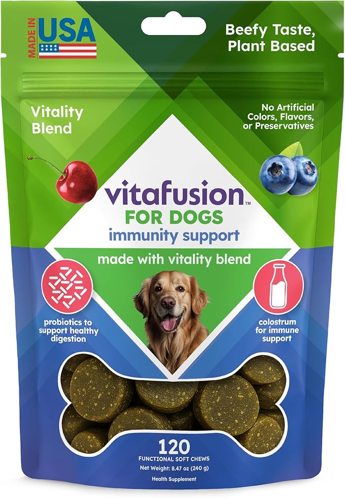 VitaFusion Probiotics for Dogs, Gut & Digestive Health Support with Colostrum & Quercetin, Immune & Seasonal Allergy Support, Superfood Vitality Blend, Beef Flavor120 Soft Chews.