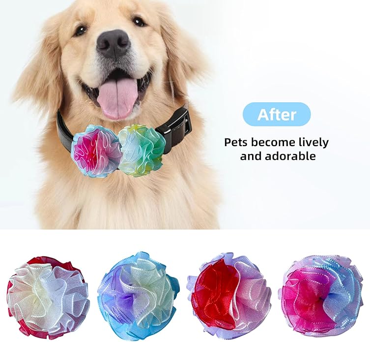 Dog Collar Flowers Accessories, 6 Pack Flower Charms for Dog & Cat Collars, Elastic Slide-On Decorative Flowers for Pet Collars