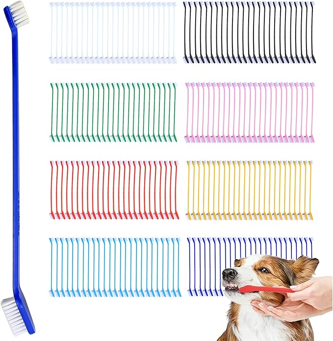 Dog Toothbrush Bulk 200 Pcs 8 Colors - Dual Headed Cat & Dog Toothbrushes Kit, Long Handle Dental Brushes for Large/Small Dogs, Cats, Pets Teeth Cleaning Supplies