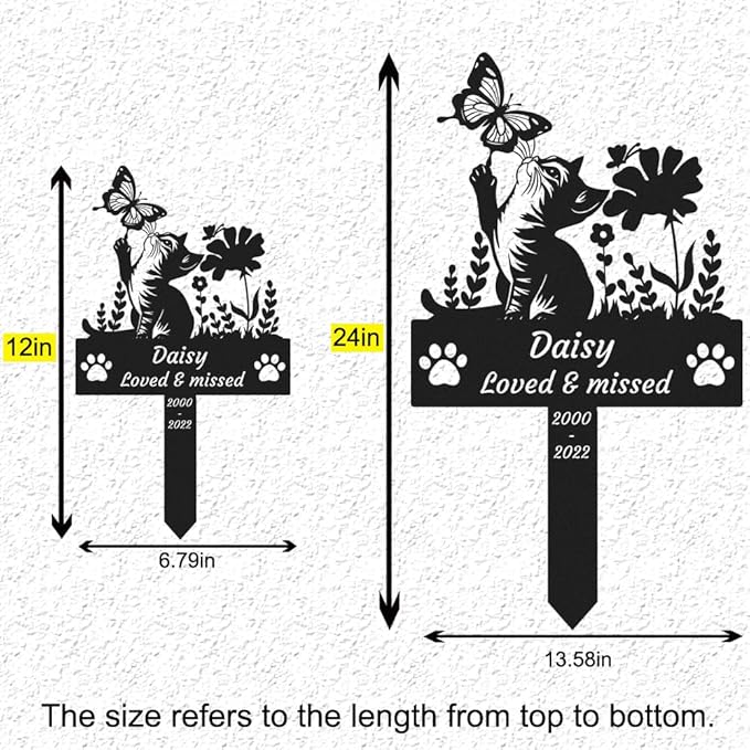 Custom Butterfly Cat Memorial Grave Marker, Personalized Flowers Cat Memorial Stake Metal Pet Name Memorial Plaque with Paws, Customized Pet Grave Marker Cemetery Grave Plaque for Cat Owner