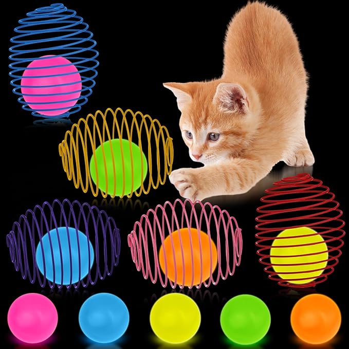 Jecery 5 Pcs Cat Spring Balls Toys Stretchable Rolling Balls Colorful Playful Coils Interactive Action Toy Caged Rats for Kitten Pet Supplies (Glow Ball,Multicolor)