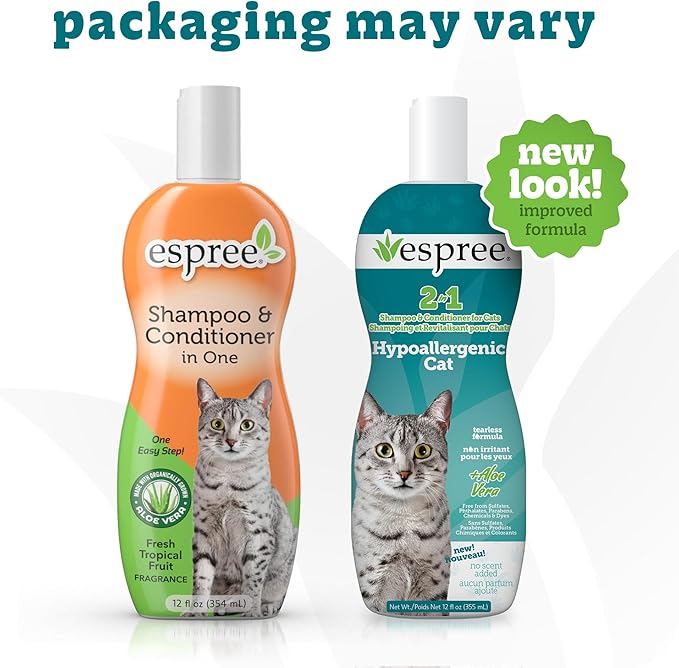 Espree Hypoallergenic Cat Shampoo & Conditioner, Tearless Formula with Aloe Vera, Sulfate-Free, Paraben-Free, Harsh Chemical and Dye-Free, Safe for Sensitive Skin, 12oz