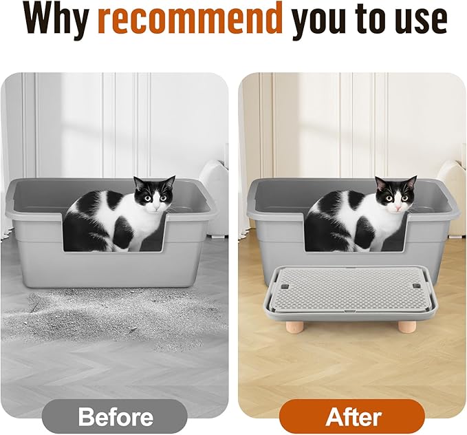 Litter Box Step, Cat Ramp/Step/Catcher with Wooden Base, Filter Function, Easy to Clean, Filter Pedal Ideal for Kitten & Elderly Cats (Light Grey)