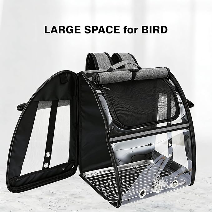 Sanmoncare Bird Carrier Backpack, Parrot Travel Bag with Stand, Stainless Steel Mesh Travel Cage for Cockatiel, Portable Bird Travel Carrier, Pet Transparent Breathable Travel Cage Large