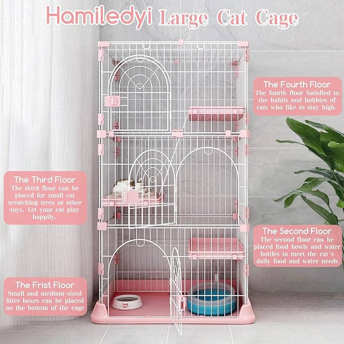 Hamiledyi Indoor Cat Cage 52 Inches Cat Villa Large Pet Crate with 3 Platforms and 1 Ramp Ladders Metal Cat Playpen with 3 Doors Outdoor Cat Enclosures Kitten Cage for Small and Medium Pets (Pink)