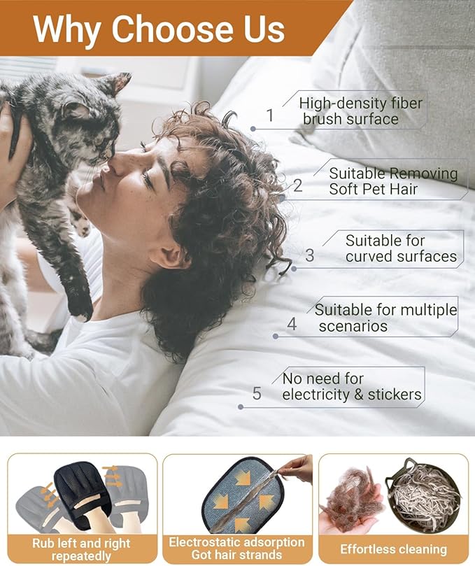 Reusable Pet Hair Remover Glove for Couch & Bedding - 5-Finger Versatile Fabric - Safe Fur Remover Mitt, Black - Professional Cat & Dog Hair Scraper for Carpeted Stairs, Clothes,Car Seats