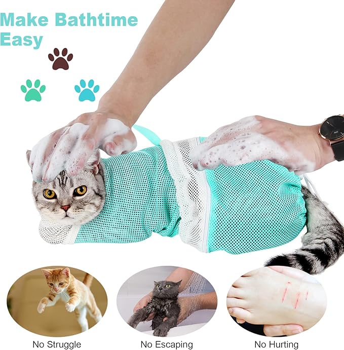 Cat Bathing Bag Adjustable Cat Grooming Net Bag Anti-bite & Anti-Scratch Cat Bath Washing Restraint Bag, Breathable Mesh Cat Grooming Bag for Shower, Nail Trimming, Injection (Light Green)