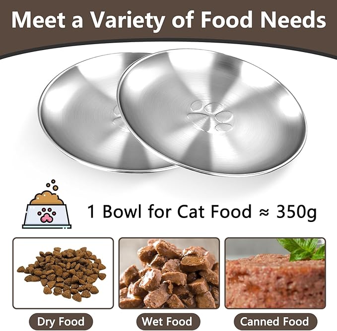 Stainless Steel Cat Dishes with Paw Pattern, Metal Cat Food Dishes, 6.7" Wide Whisker Friendly Cats Plates, Cute Plates with Non-Slip Pad for Indoor Cats 4 PCS