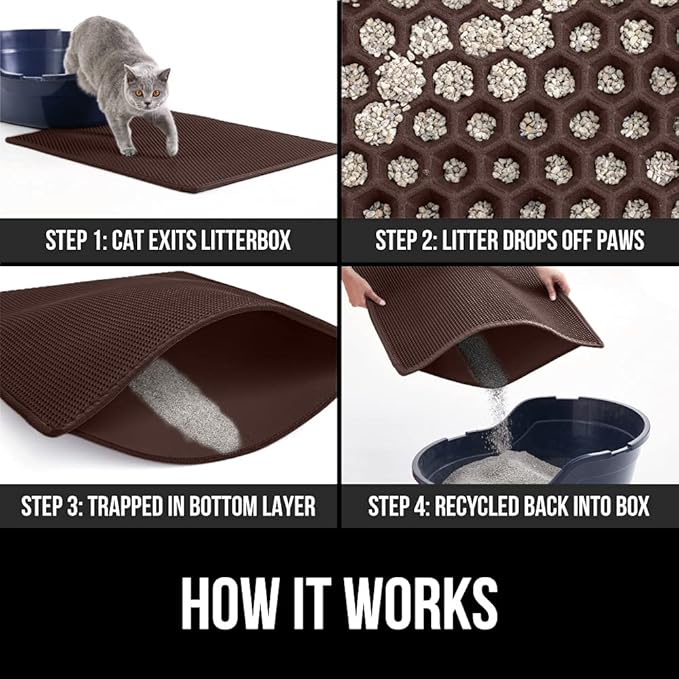 GORILLA GRIP Honeycomb Cat Litter Box Mat, Two Layer Trapping Waste Mats, Soft On Paws, Litter Box Supplies and Essentials for Indoor Cats, Traps Excess, Water Resistant for Floors, 24x15 Brown