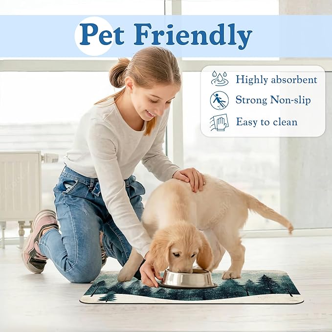 Mysty Winter Fores Pet Feeding Mat–Christmas Stocking Quick Dry Absorbent Dog Cat Food Mat, Non Slip Waterproof Bowl Placemat for Messy Eaters, Pet Accessories for Floors 12"x20"