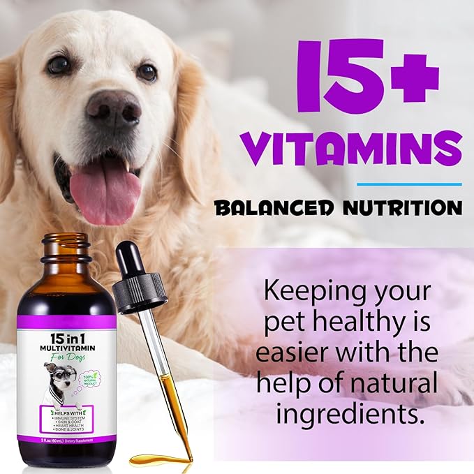 15-in-1 Dog Multivitamin Drops for Dogs | Liquid Multivitamin with Glucosamine, MSM & Omega for Joint, Heart, Immune & Skin Health | Easy Liquid Drops for Picky Eaters