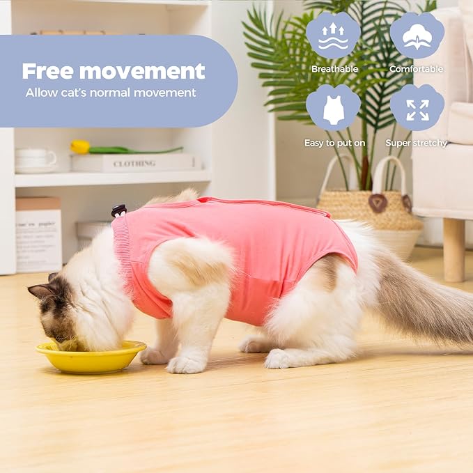 Avont Cat Recovery Suit Female Kitten After Spay Surgery, Breathable Modal Cotton Cat Onesie for Wound & Skin Disease Care, Machine Washable -Rosepink(M)