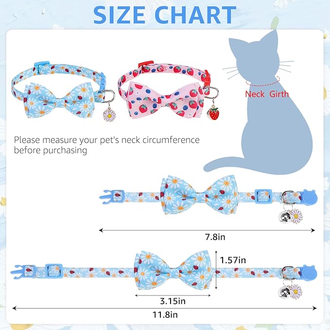 SCENEREAL Breakaway Cat Collar with Bell, 2 Pack Safety Adjustable Cat Collars with Pendant, Pink Personalised Puppy Kitten Collar with Bow for Spring Summer, Strawberry Daisy