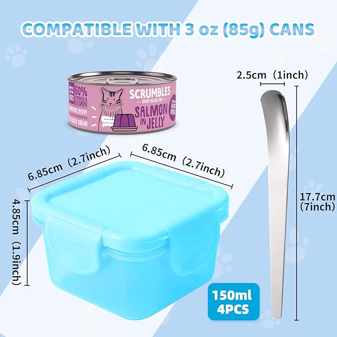 Canned Cat Food Storage Can Container for 3oz Cat Cans,4 Pack Airtight Pet Food Sealer with Snap-Lock Cover Lids and Stainless Steel Spoon for 2.56''/65mm Small Cans