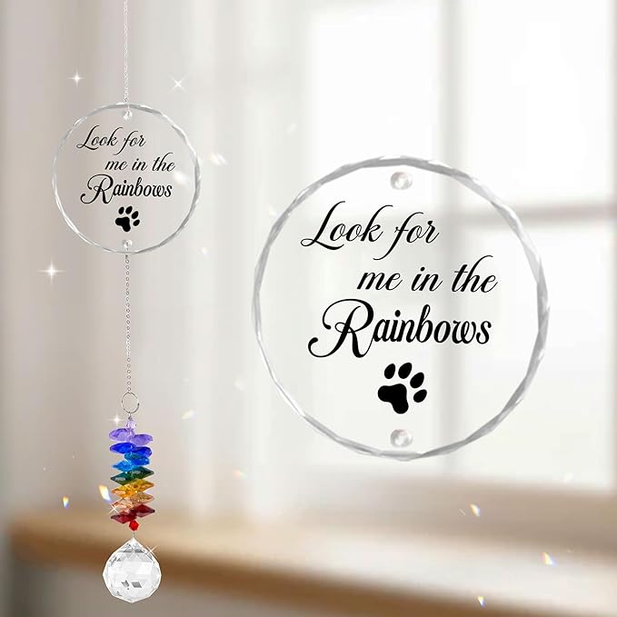 Pet Memorial Suncatcher Look for me in The Rainbows - Dog Memorial Gifts - Pet Loss - Thoughtful Dogs and Cats Remembrance - Pet Sympathy - Crystal Bereavement Gift
