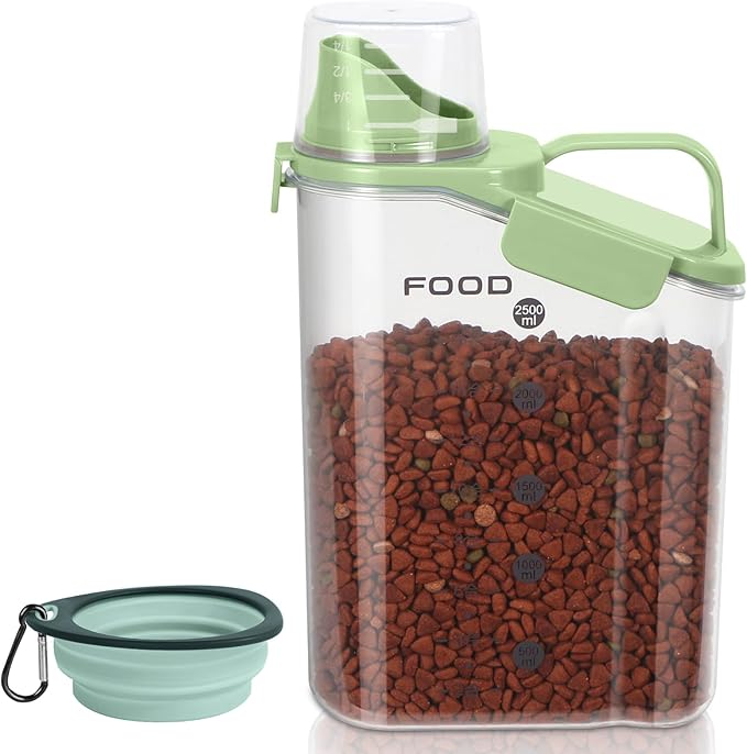 Dog Food Storage Container, Upgraded Large Nozzle BPA-free, 3-5 LBS Plastic Pet Food Storage Containers, With 3 Sealed Clasps, 1 Measuring Cup and Handle (Bright Green)