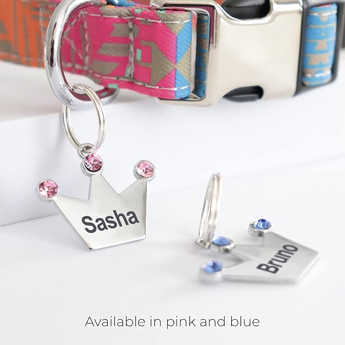 Custom Crystals Crown Pet ID Collar Tag, Personalized Stainless Steel Cute Shiny Bling Sparkly Safety Lost Charm Boy & Girl Dogs Puppies Cats & Ring Engraved SOS customizable with Name, Phone, Address