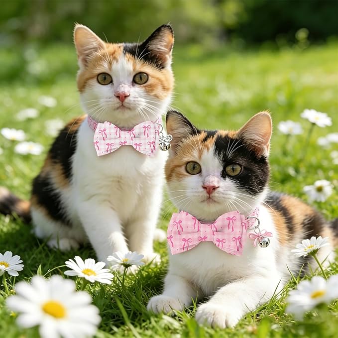 JarThenaAMCS 3 Pcs Pink Bow Cat Collar with Breakaway Bell Bow Tie Plaid Cute Bowtie Adjustable Kitten Collars for Small Pet Girl Boy Cats Small Pet Party